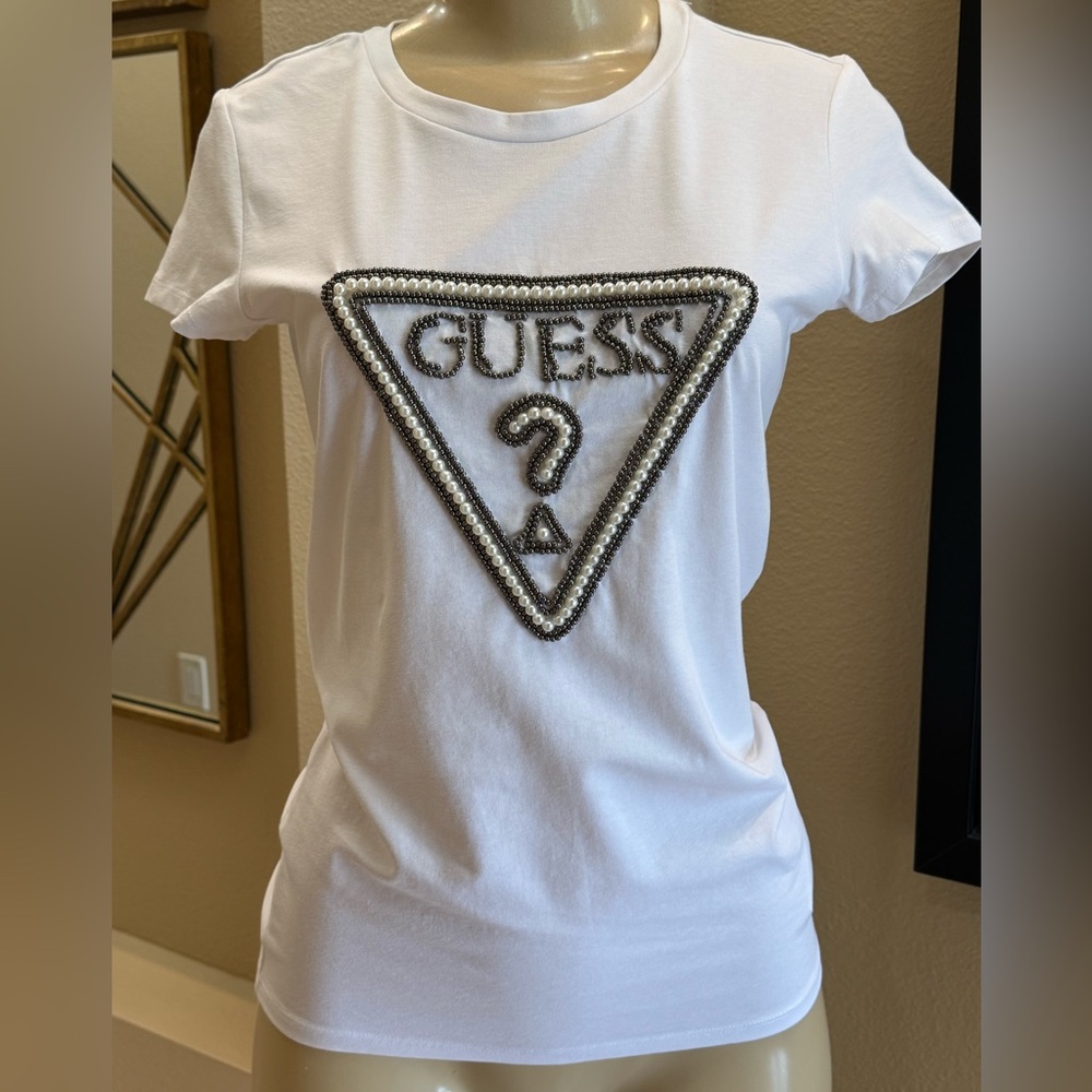 GUESS White Logo Embellished Women’s Tee-Shirt Beaded short sleeve NEW